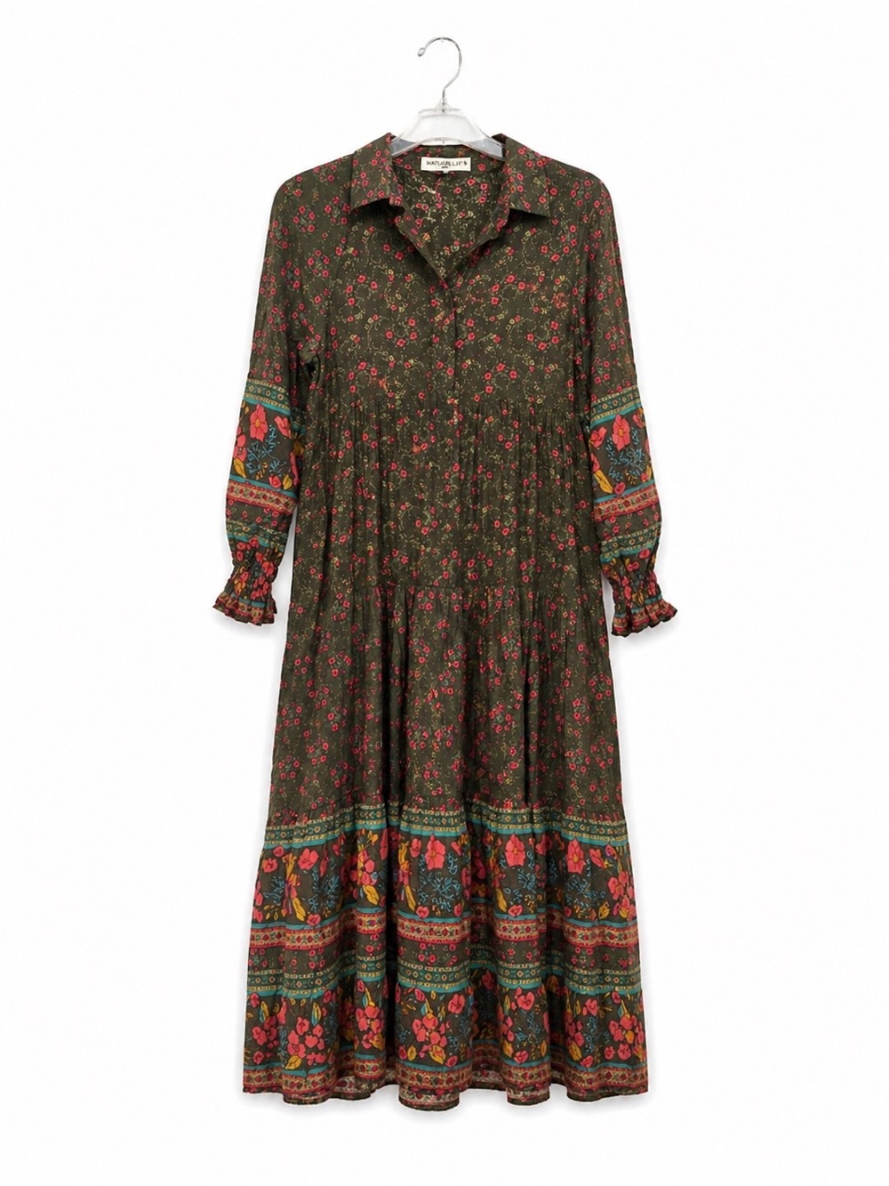 NATURAL LIFE Olive Midi Dress with Pink Floral and Multicolor Border